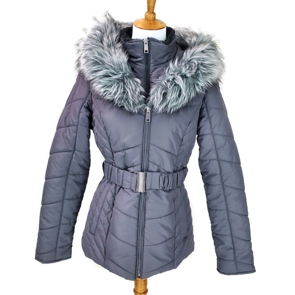 Maralyn & Me Gray Puffer Jacket with Faux Fur Hood Belted Waist Pockets